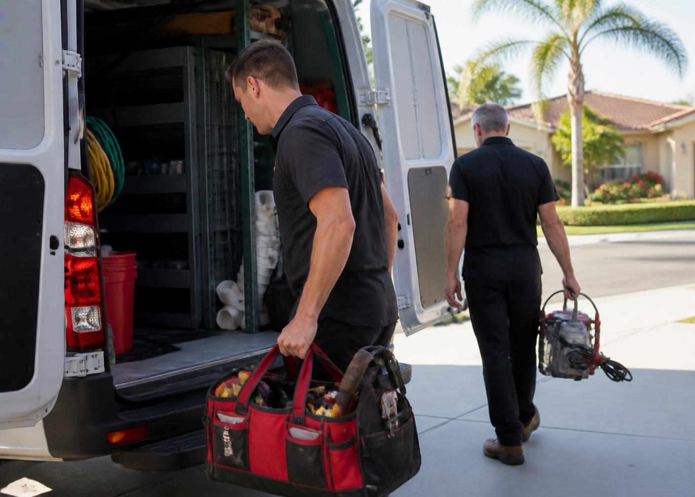 SNX plumbers loading tools from a service van in a Fresno neighborhood