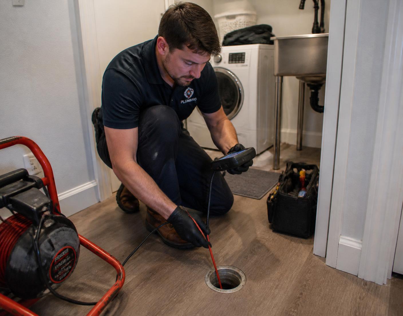 Plumber using a drain machine and inspection camera at a home floor cleanout