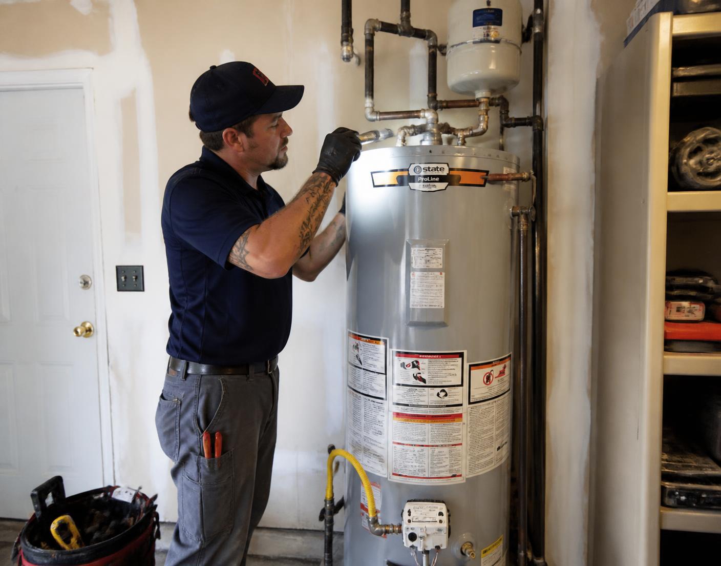 Plumber servicing a residential tank water heater in a garage
